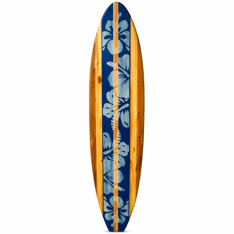 Handmade Deep Blue Hibiscus Wooden Surfboard Wall Art, Distressed Coastal Surfboard Decor