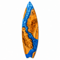 Handmade Wooden Surfboard Wall Art with Blue Epoxy Resin Ocean Wave Design