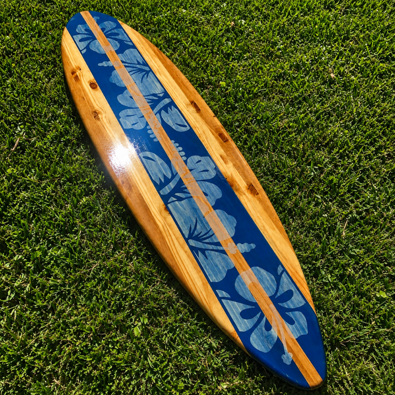 Handmade Deep Blue Hibiscus Wooden Surfboard Wall Art, Distressed Coastal Surfboard Decor