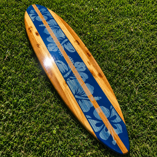 Handmade Deep Blue Hibiscus Wooden Surfboard Wall Art, Distressed Coastal Surfboard Decor