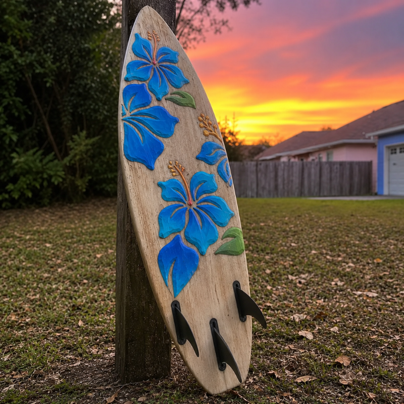 Handmade Wooden Surfboard with Hand-Carved Floral Design.