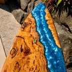 Handmade Wooden Surfboard with Blue Epoxy Ocean Wave Design – Performance Surfboard for Ocean Waves