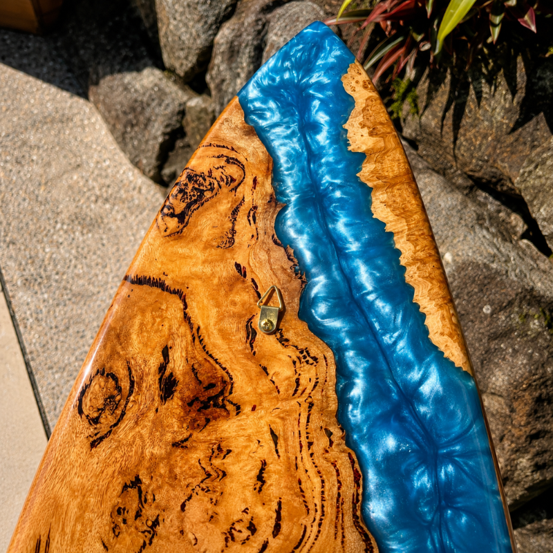 Handmade Wooden Surfboard Wall Art with Blue Epoxy Resin Ocean Wave Design