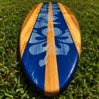 Handmade Deep Blue Hibiscus Wooden Surfboard for Ocean Surfing.