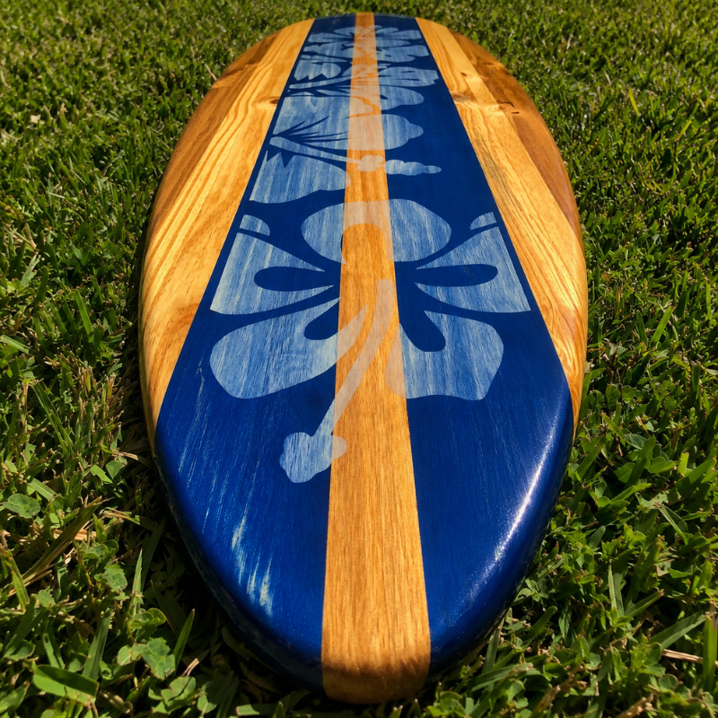 Handmade Deep Blue Hibiscus Wooden Surfboard Wall Art, Distressed Coastal Surfboard Decor