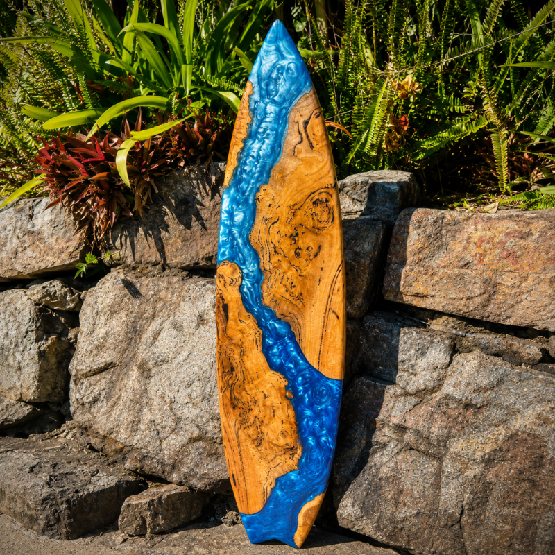 Handmade Wooden Surfboard Wall Art with Blue Epoxy Resin Ocean Wave Design