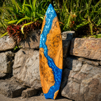 Handmade Wooden Surfboard with Blue Epoxy Ocean Wave Design – Performance Surfboard for Ocean Waves