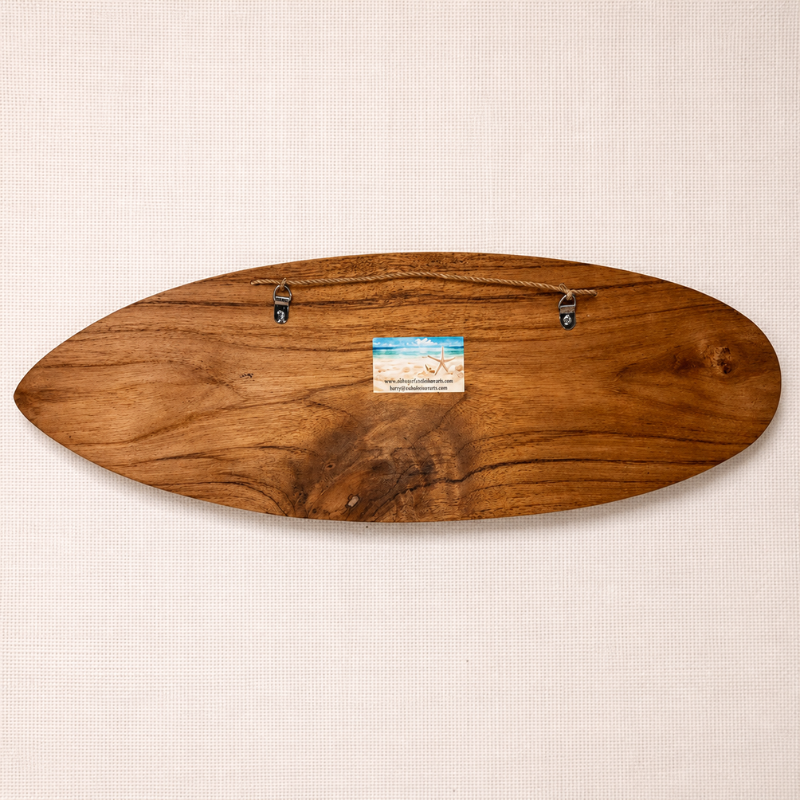 Hand-Carved Acacia Wood Surfboard Wall Decor, Wooden Coastal Wall Art, 20 Inch
