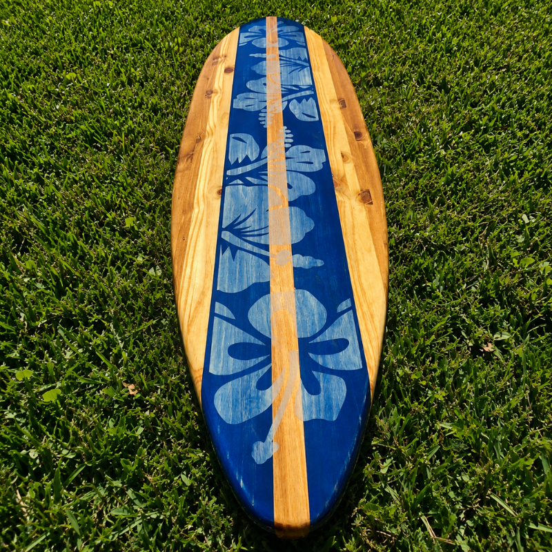 Handmade Deep Blue Hibiscus Wooden Surfboard Wall Art, Distressed Coastal Surfboard Decor