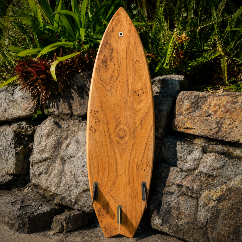 Handmade Wooden Surfboard with Blue Epoxy Ocean Wave Design – Performance Surfboard for Ocean Waves
