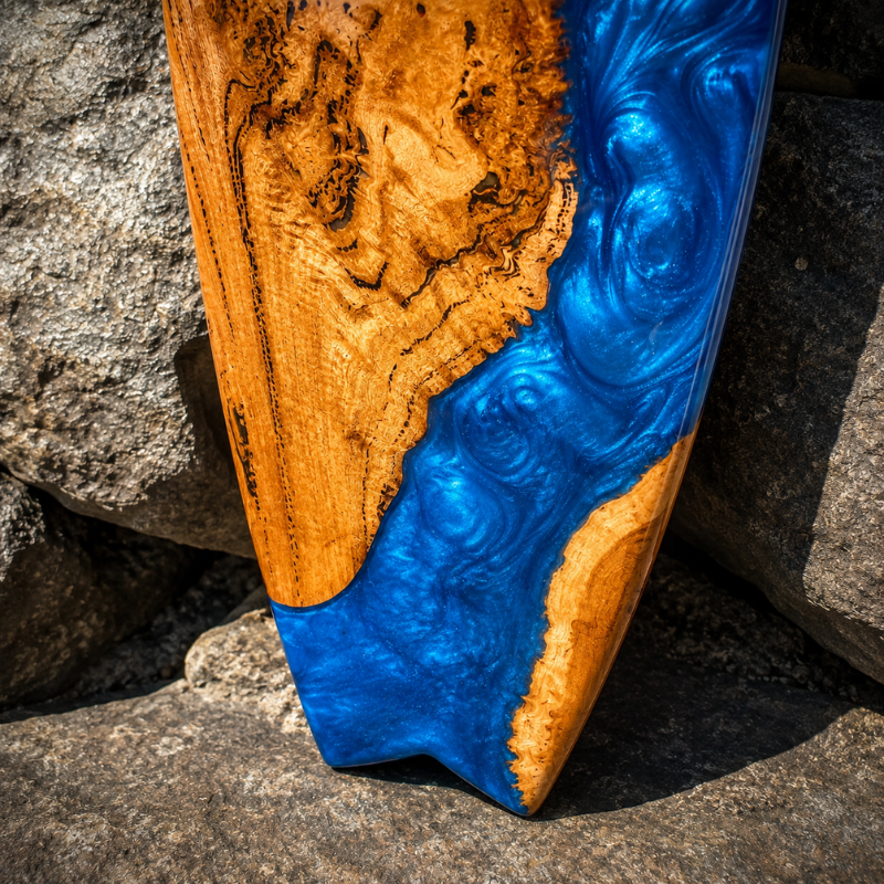 Handmade Wooden Surfboard Wall Art with Blue Epoxy Resin Ocean Wave Design