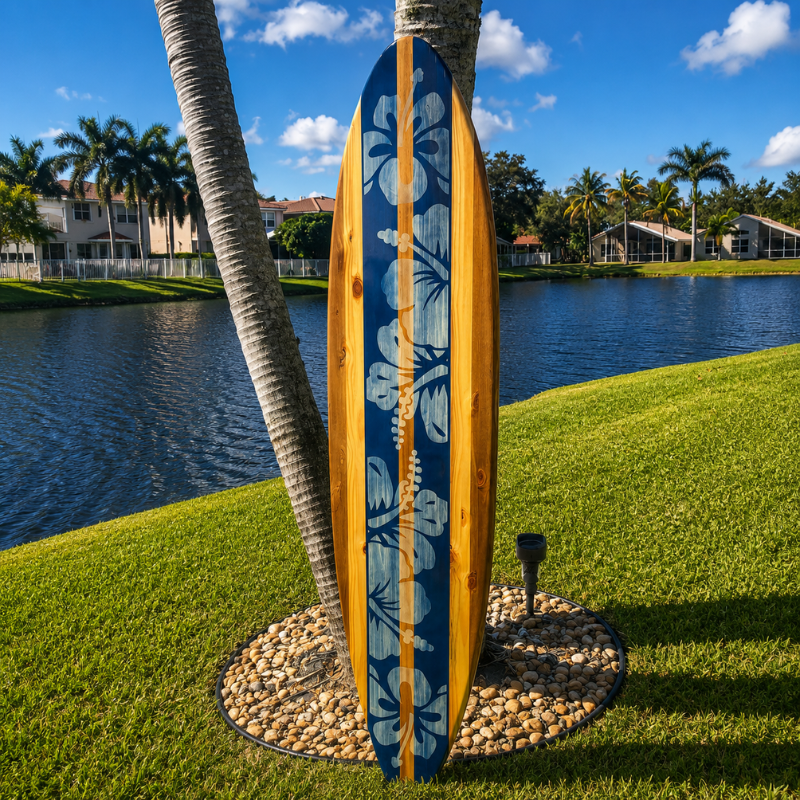 Handmade Deep Blue Hibiscus Wooden Surfboard Wall Art, Distressed Coastal Surfboard Decor