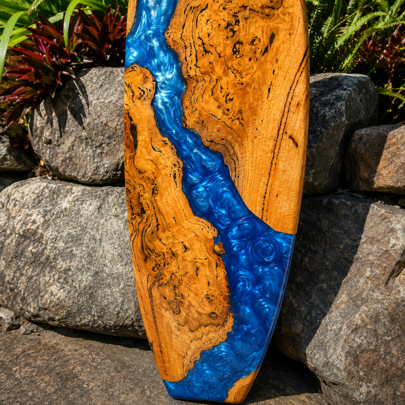 Handmade Wooden Surfboard Wall Art with Blue Epoxy Resin Ocean Wave Design