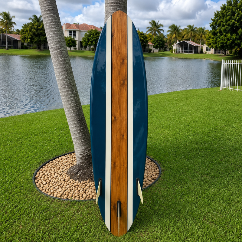 Seaside Blue Handmade Wooden Surfboard for Ocean Surfing.