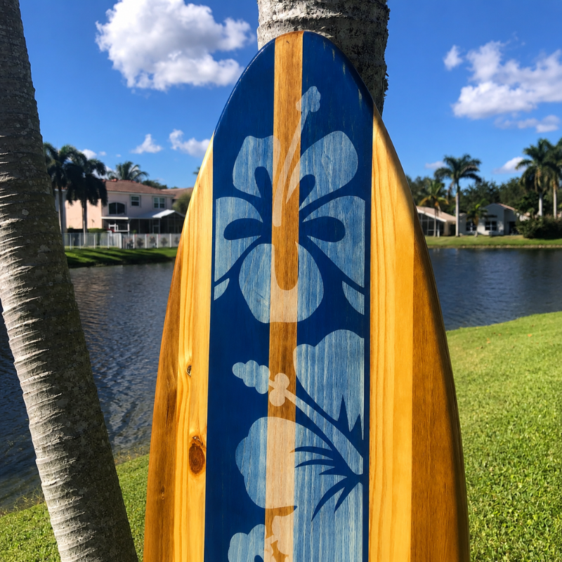 Handmade Deep Blue Hibiscus Wooden Surfboard Wall Art, Distressed Coastal Surfboard Decor