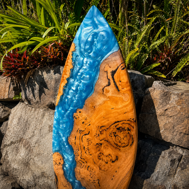 Handmade Wooden Surfboard Wall Art with Blue Epoxy Resin Ocean Wave Design