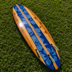 Handmade Deep Blue Hibiscus Wooden Surfboard for Ocean Surfing.