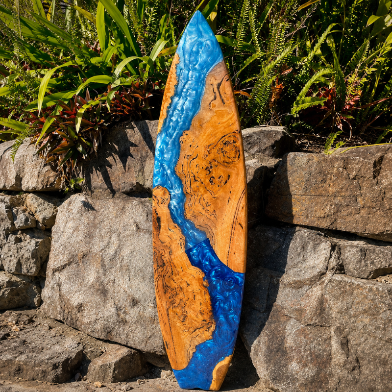 Handmade Wooden Surfboard Wall Art with Blue Epoxy Resin Ocean Wave Design