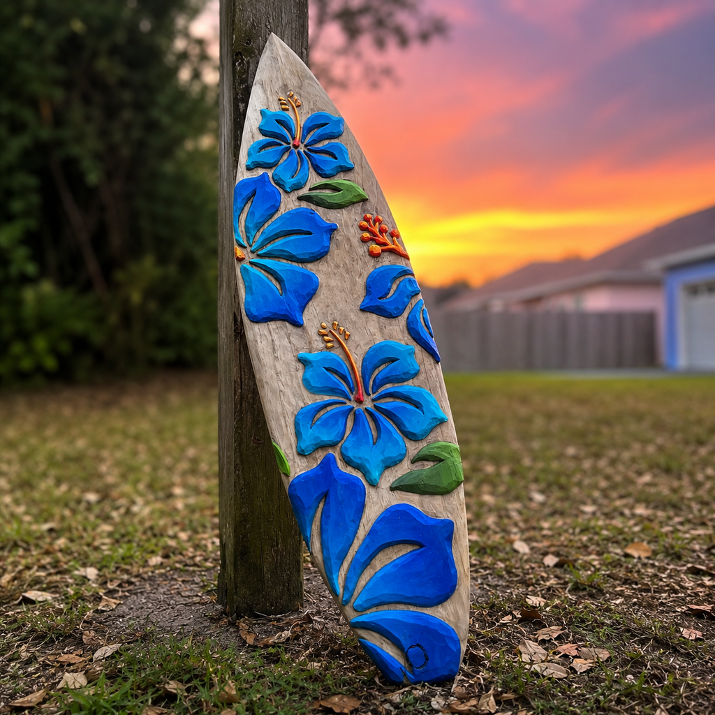 Handmade Wooden Surfboard Wall Hanging with Carved Flowers