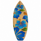 Handmade Wooden Surfboard with Hand-Carved Floral Design.