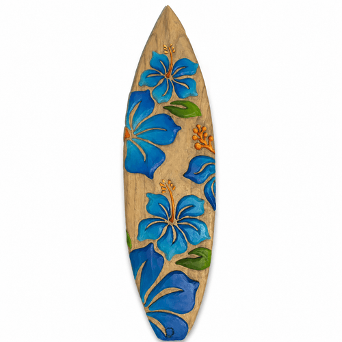 Tayro Surf's Handmade Blue Hibiscus Wooden Surfboard, hand-carved with vibrant blue flowers and green leaves on a light wood grain.
